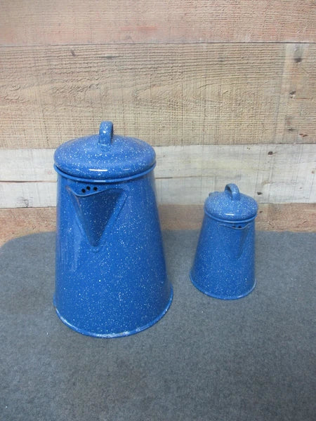 2 - Blue Speckled Enamel Cowboy Coffee / Tea Pots 3 Cup & 12 Cup