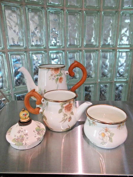 Camp MacKenzie Childs Ltd White Floral Enamelware 1995 3pcTea Set