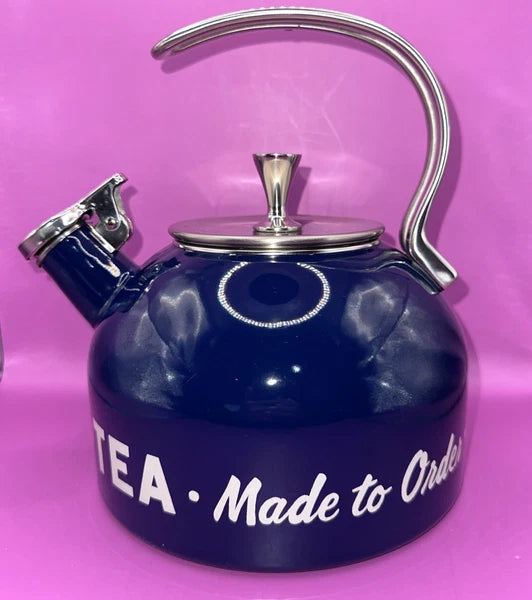 LENOX KATE SPADE MADE TO ORDER COFFEE TEA KETTLE NAVY BLUE SILVER NICE COND
