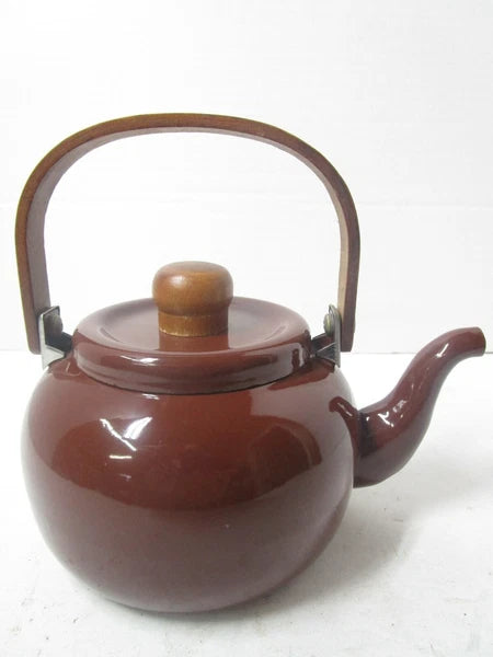 Gailstyn Sutton Taiwan Brown Vintage Enamelware Kettle Wood Handle Teapot