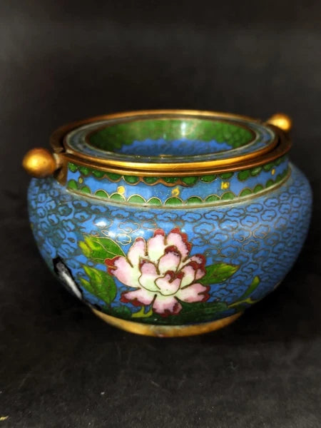 Chinese Antique Cloisonne Bowl Enamel Flowers Fine with Lid