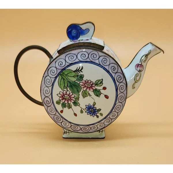 Chinemel by B. Yee Floral Pink Rose Pattern Enamel on Copper Miniature Teapot