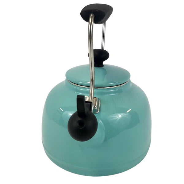 Aqua Blue Enamel Whistling Tea Kettle with Black Handle - 2 Qt