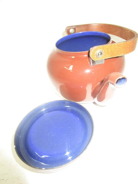 Gailstyn Sutton Taiwan Brown Vintage Enamelware Kettle Wood Handle Teapot