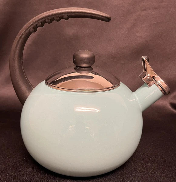Farberware 2.5 qt LUNA Whistling Tea Kettle Aqua Color Porcelain Enamel EUC