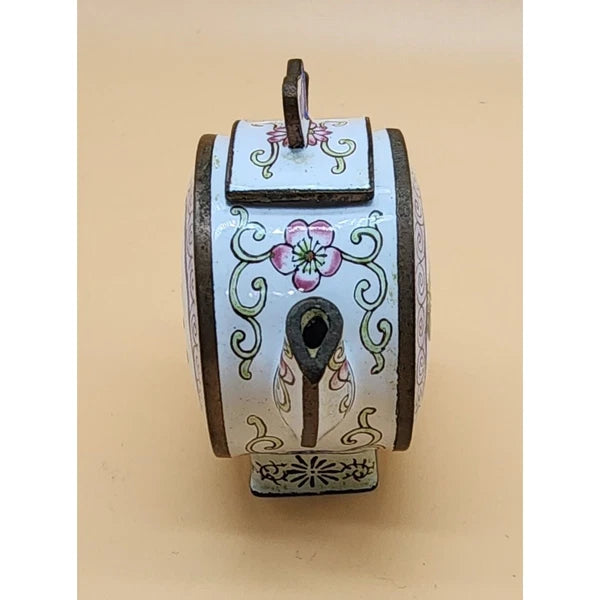 Chinemel by B. Yee Floral Pink Rose Pattern Enamel on Copper Miniature Teapot