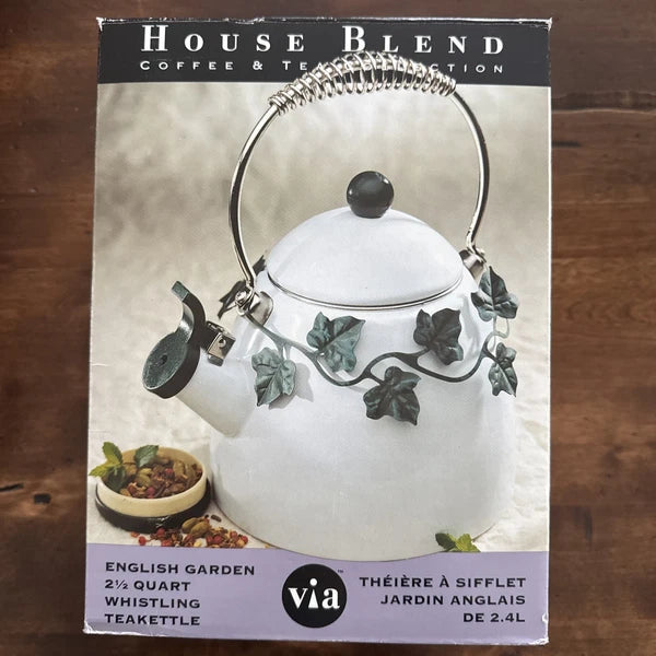 Irish Shamrock Whistling Tea Kettle Enamel Vintage -New Original Box