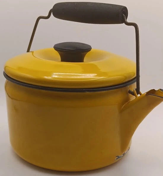 Bright Yellow Tea Kettle With Black Trim & Rust * For Decor Only *