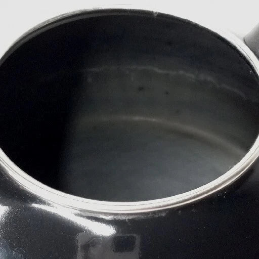 Copco Whistling Tea Kettle Glossy Black 2 Quart Enamel Squeeze Handle Stovetop