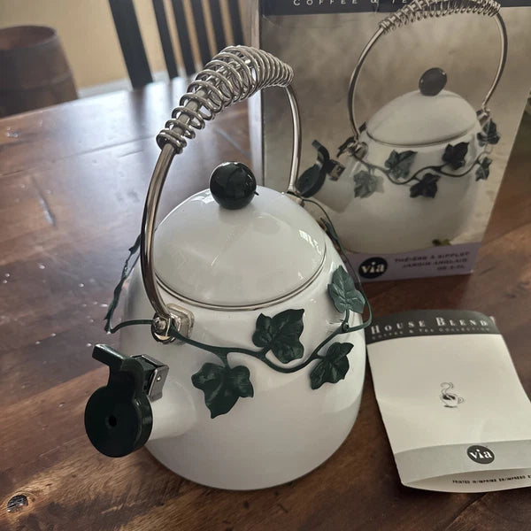 Irish Shamrock Whistling Tea Kettle Enamel Vintage -New Original Box