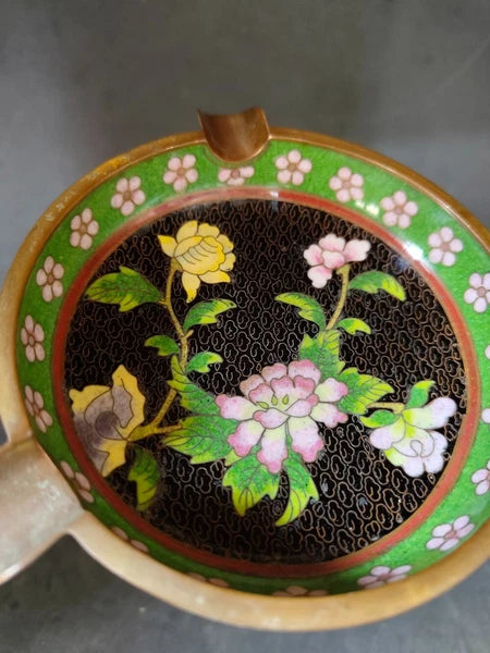 Chinese Vintage Cloisonne Bowl Cigarette stand Enamel Flowers Fine