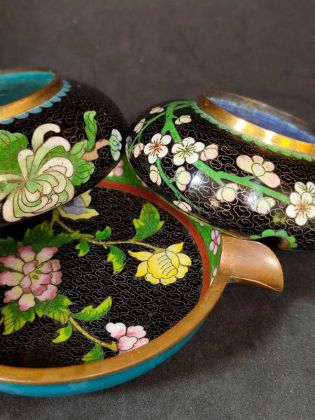 Chinese Vintage Cloisonne Bowl Cigarette stand Enamel Flowers Fine