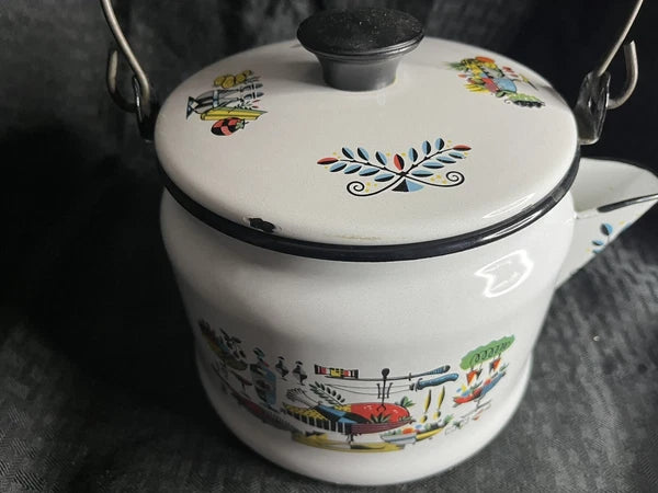 Georges Briard Enamel Retro Mid Century Turkey Dinner Graphics Teapot Kettle MCM