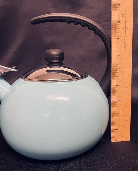 Farberware 2.5 qt LUNA Whistling Tea Kettle Aqua Color Porcelain Enamel EUC