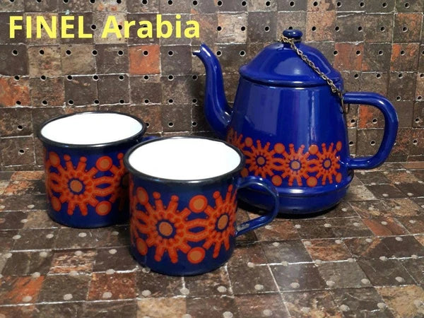 1960s Finel Arabia Enamel Pot Mug Set Red Blue Nordic Mid Century Authen Vintage
