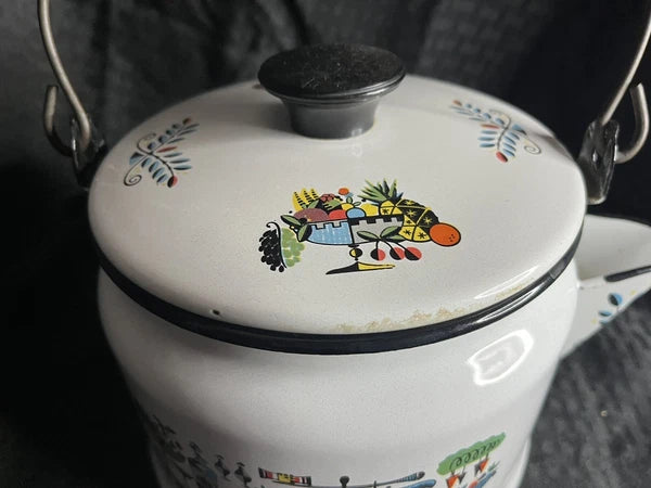 Georges Briard Enamel Retro Mid Century Turkey Dinner Graphics Teapot Kettle MCM