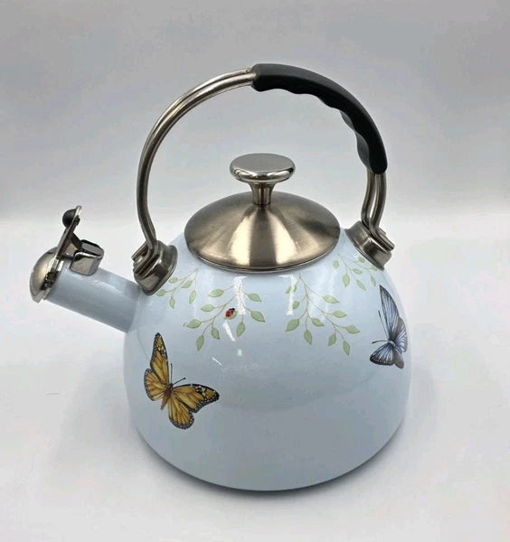 LENOX BUTTERFLY MEADOW WHISTLING TEA KETTLE. BLUE ENAMALWARE