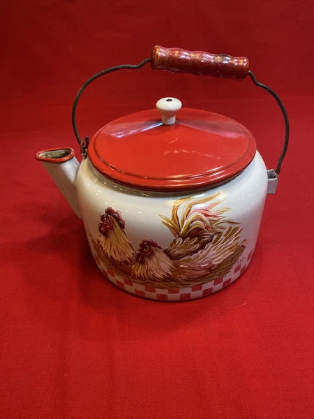 Enamel Ware Large Tea Kettle/ Rooster