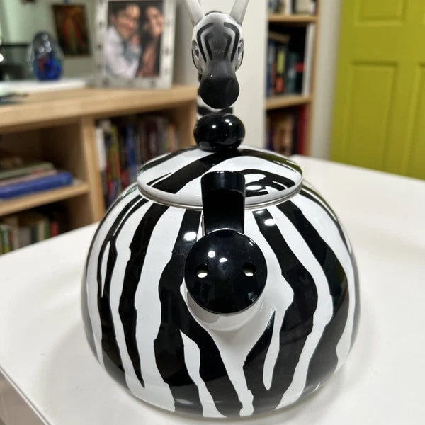 Enameled Zebra Whistling Tea Kettle 9 Inches Height, Black/White
