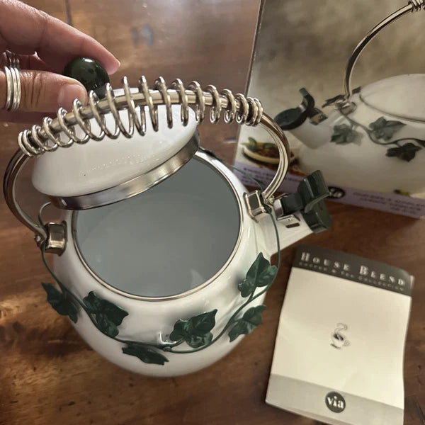 Irish Shamrock Whistling Tea Kettle Enamel Vintage -New Original Box