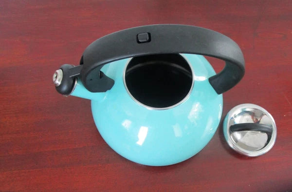 Enamel Tea Kettle Aqua Teal Whistling Black Handle 3 Quart Space Age Design