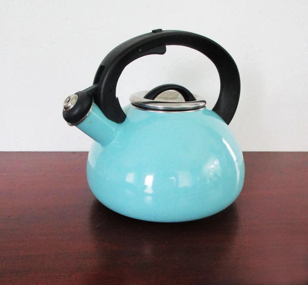 Enamel Tea Kettle Aqua Teal Whistling Black Handle 3 Quart Space Age Design