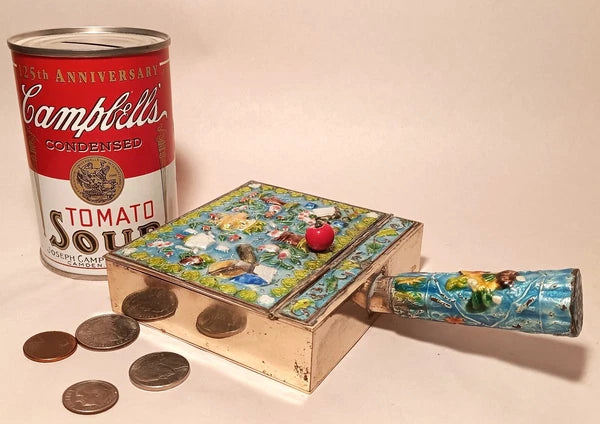 CRUMB CATCHER vtg chinese blue enamel cloisonne coin box teapot vase urn book