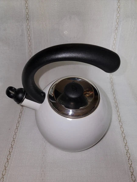 Vintage Copco Whistling Tea Kettle Cavalier White Enamel 2 Qt