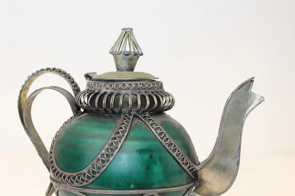Chinese Middle Eastern Teapot Porcelain Metal Detailed Metal Accents Small Size