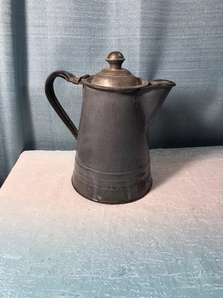 Early Gray Agate Ware Granite Enamel Coffee Tea Pot Cowboy Tin Lid Camping