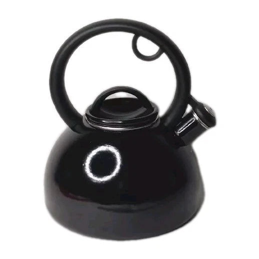 Copco Whistling Tea Kettle Glossy Black 2 Quart Enamel Squeeze Handle Stovetop