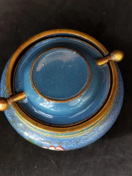 Chinese Antique Cloisonne Bowl Enamel Flowers Fine with Lid