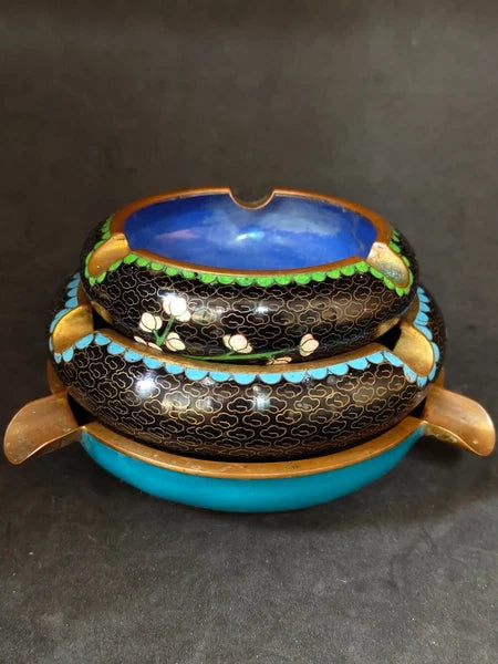 Chinese Vintage Cloisonne Bowl Cigarette stand Enamel Flowers Fine