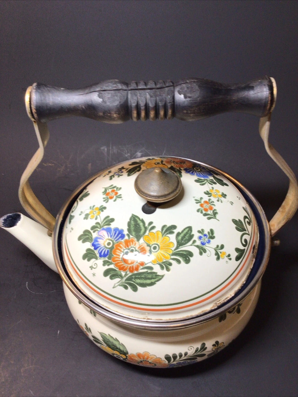 ASTA Enamelware Tea Kettle 1960s Amsterdam Teapot Brass Handles Floral - Germany