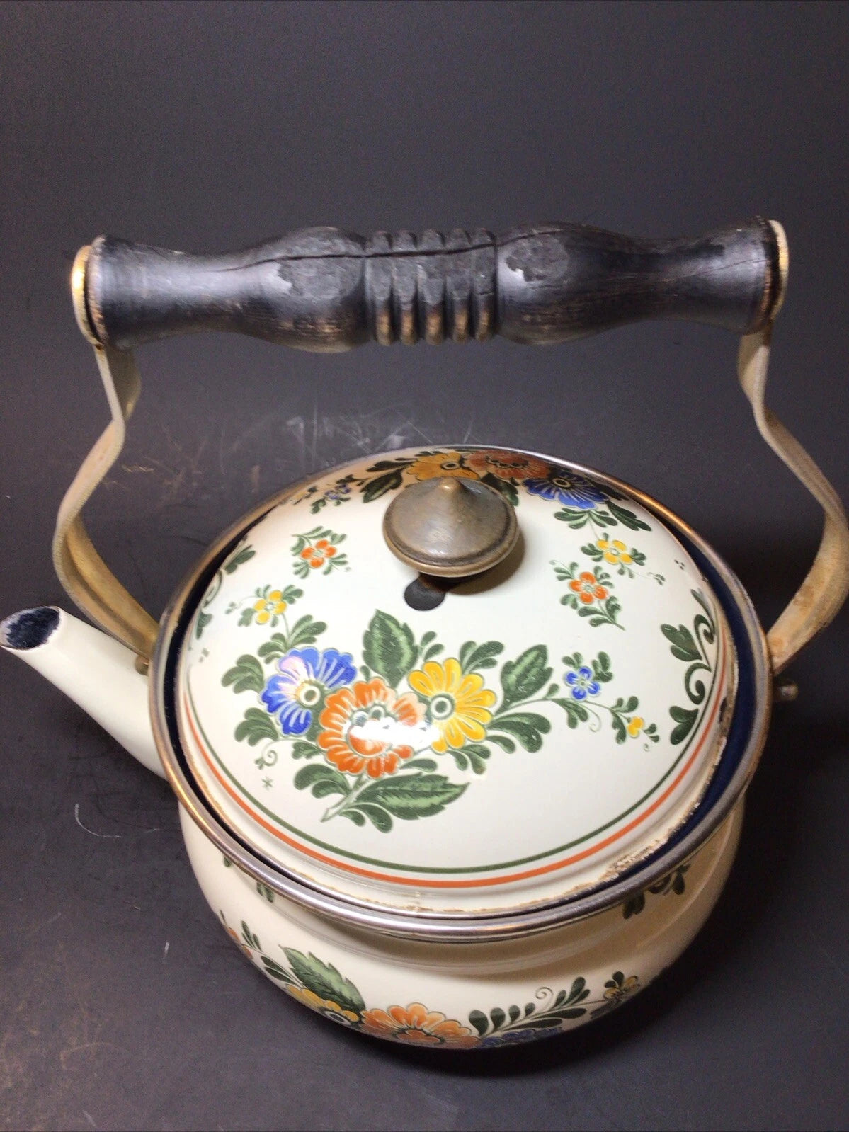 ASTA Enamelware Tea Kettle 1960s Amsterdam Teapot Brass Handles Floral - Germany