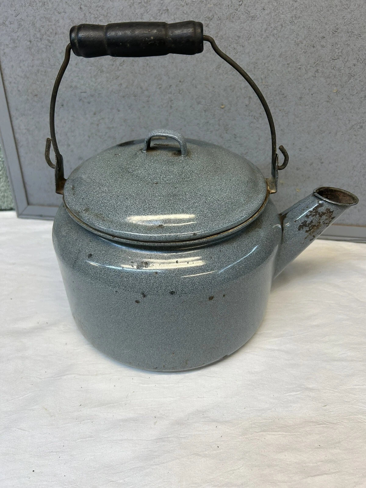 Vintage Gray Speckled Enamelware Large Tea Kettle with Wood Handle on Wire