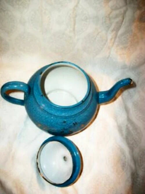 ANTIQUE FRENCH ENAMELWARE BLUE SPECKLED TEAPOT KETTLE GRANITEWARE GILT FLOWERS