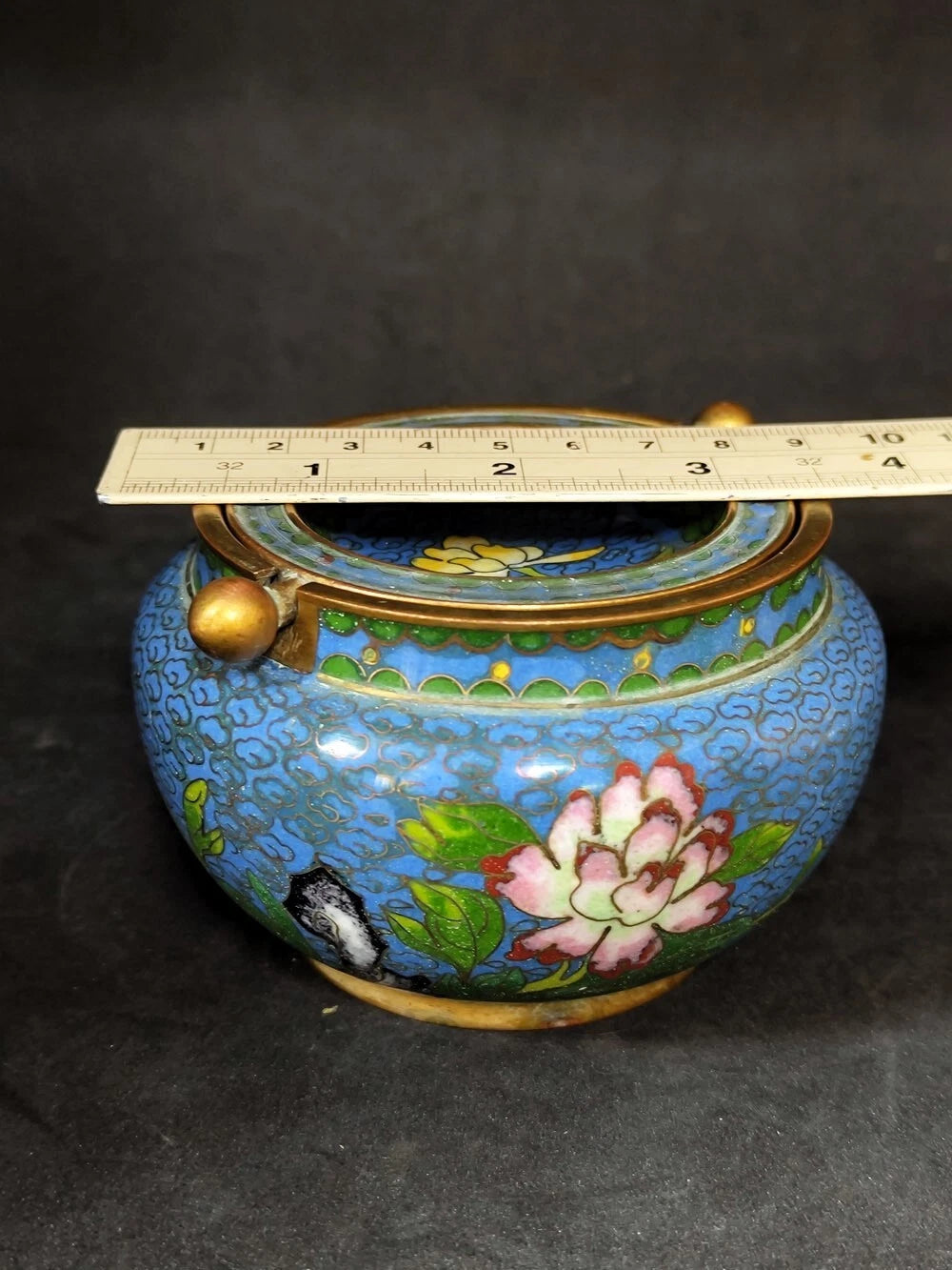 Chinese Antique Cloisonne Bowl Enamel Flowers Fine with Lid