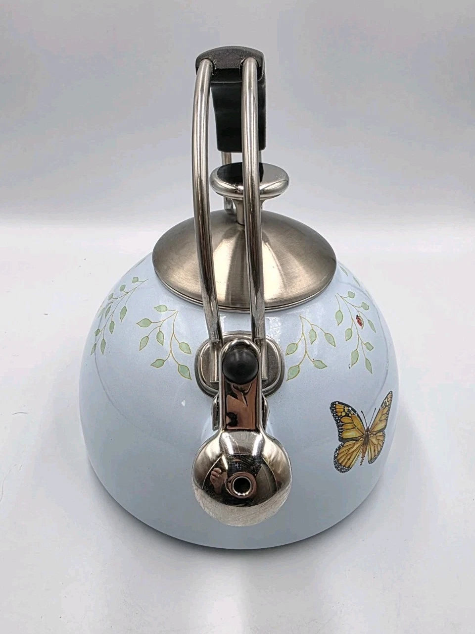 LENOX BUTTERFLY MEADOW WHISTLING TEA KETTLE. BLUE ENAMALWARE