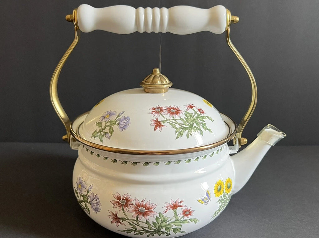 VINTAGE FLORAL TEA KETTLE ENAMEL Brass Handle