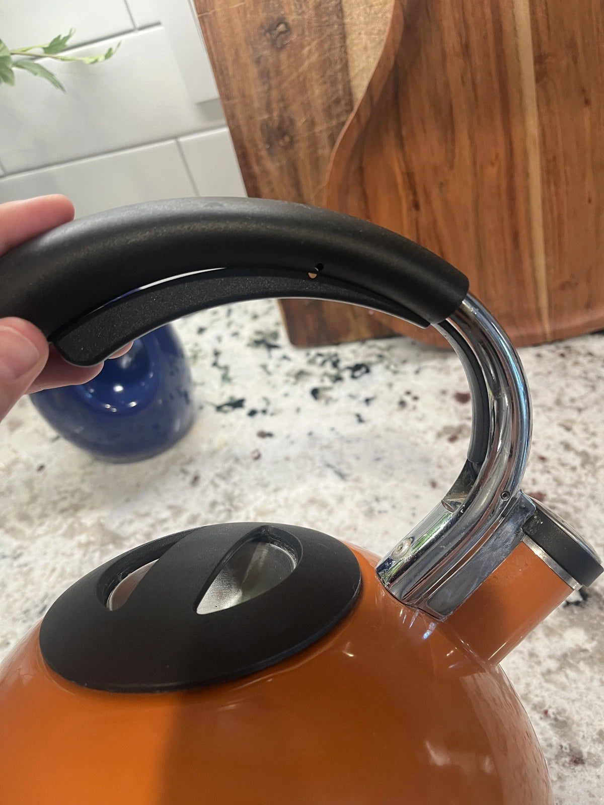 Vintage Copco Orange Enamel Whistling Tea Kettle Model 0706 Arc Handle