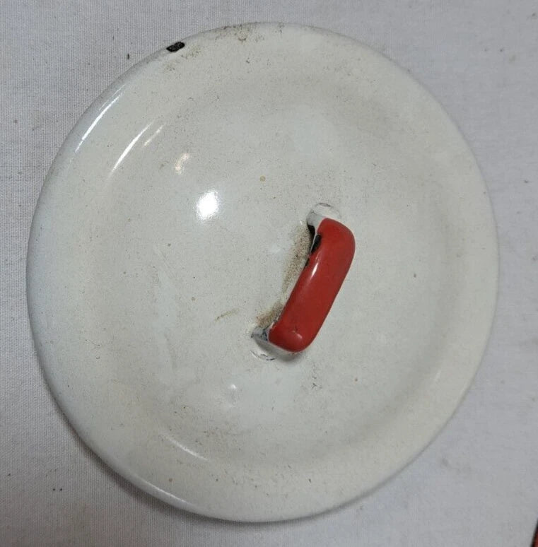 Vintage Enamel Large Tea Kettle, White With Red Trim And Red Handle