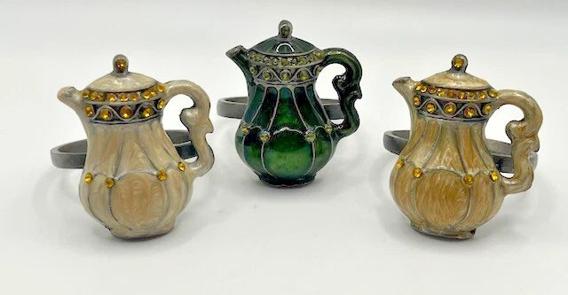 Napkin Rings Enamel & Rhinestone Teapots Set of 3 Green and Gold Classy Country