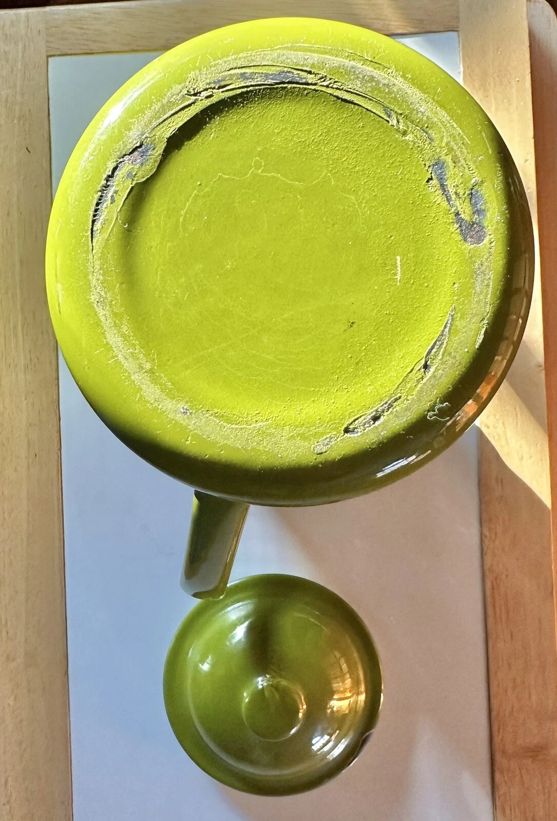 Vintage Green Avocado Graniteware Coffee Pot Black Trim L@@K Chips Tea Pot