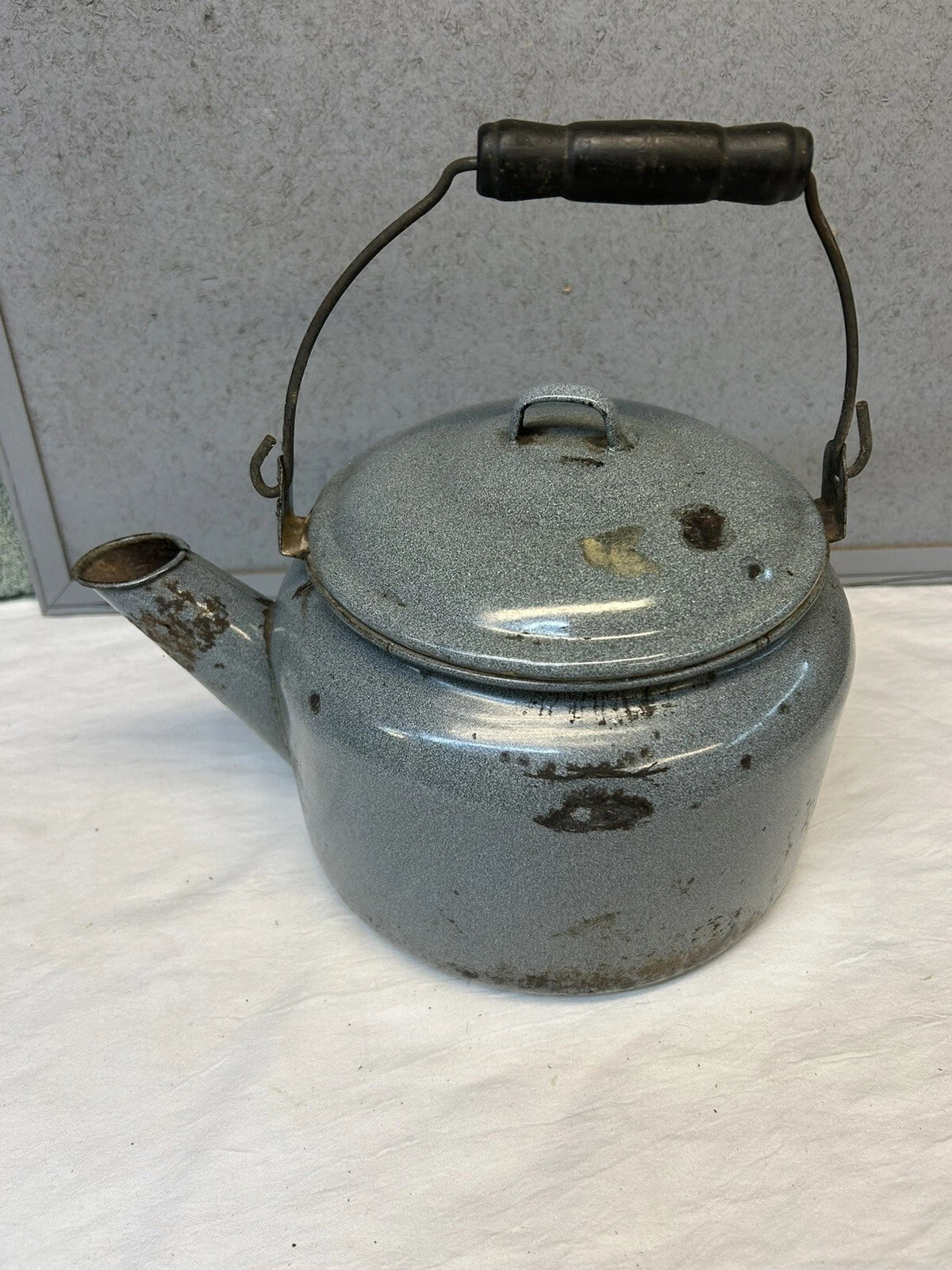 Vintage Gray Speckled Enamelware Large Tea Kettle with Wood Handle on Wire