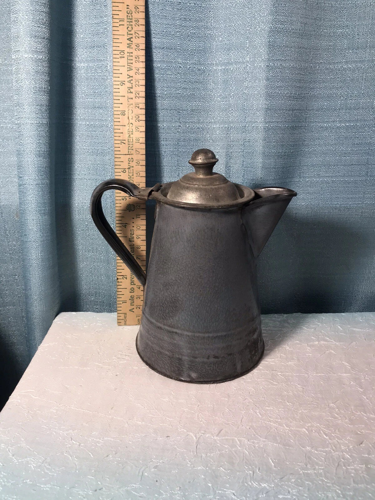 Early Gray Agate Ware Granite Enamel Coffee Tea Pot Cowboy Tin Lid Camping