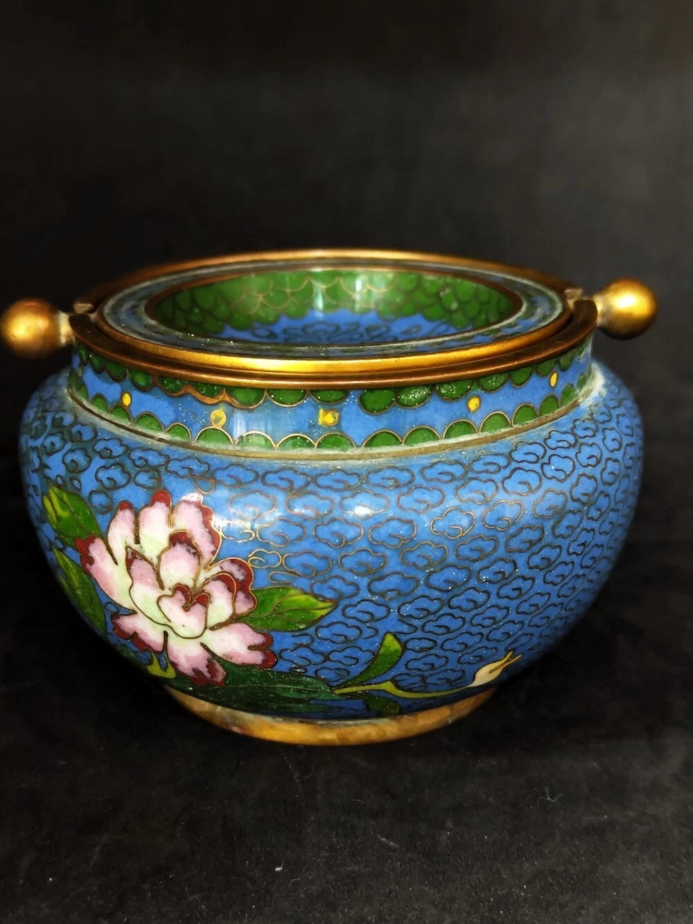 Chinese Antique Cloisonne Bowl Enamel Flowers Fine with Lid