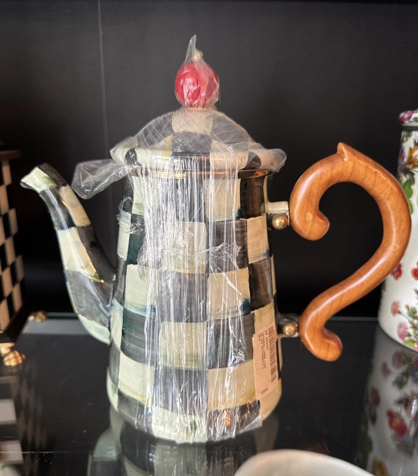 NEW MACKENZIE CHILDS COURTLY CHECK COFFEE POT & LID ENAMELWARE Large Tea Pot