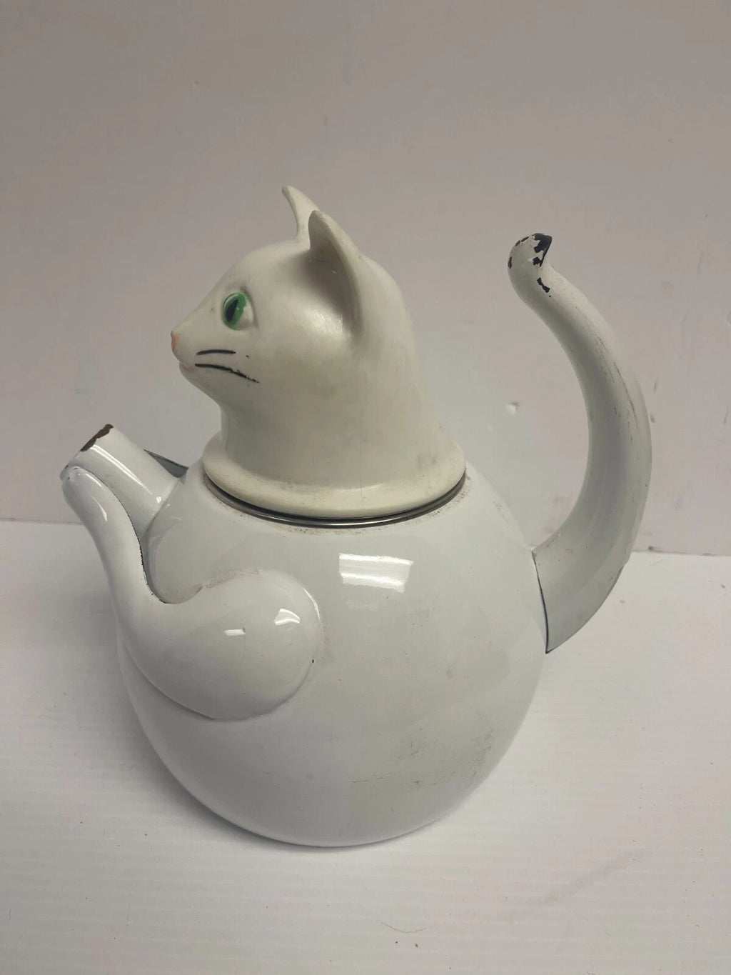 Vintage 1980s COPCO Cat TEA KETTLE White Enamel missing mouse whistle - 948