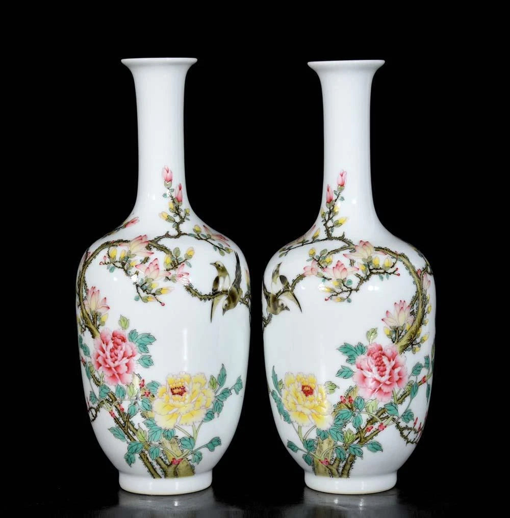 Qianlong Signed Pair Old Chinese Colour Enamel Vase W/bird N3736